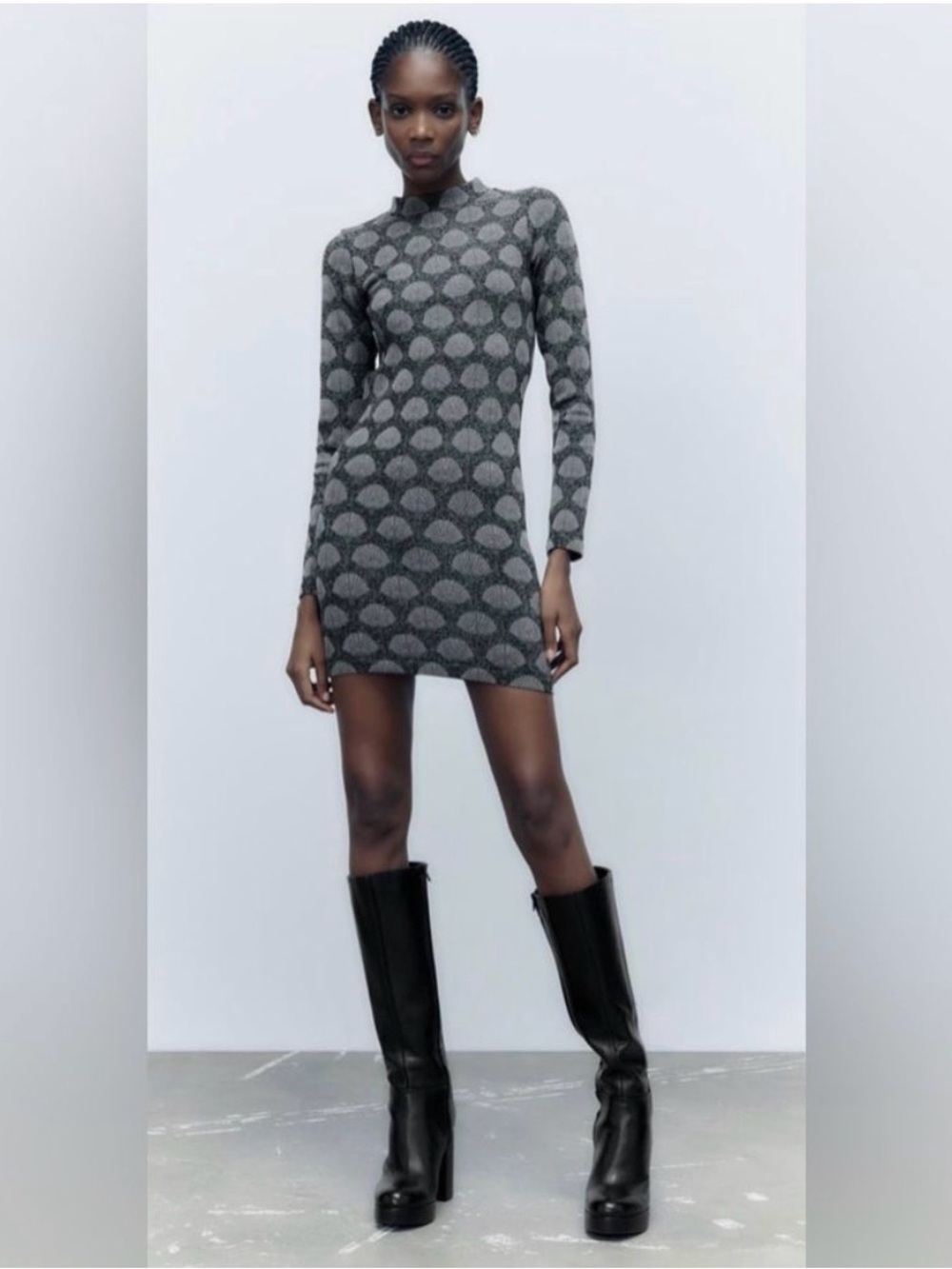 Zara Black & Teal Shell Patterned Long Sleeve Jacquard Dress